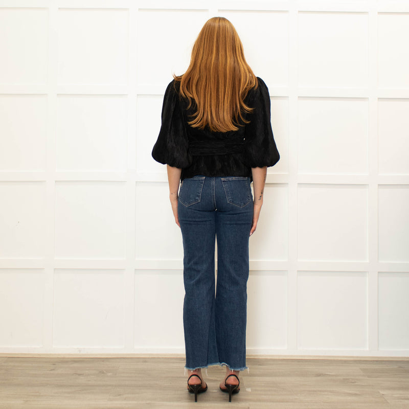 Ganni Black Pleated Puff Sleeve Belted Top