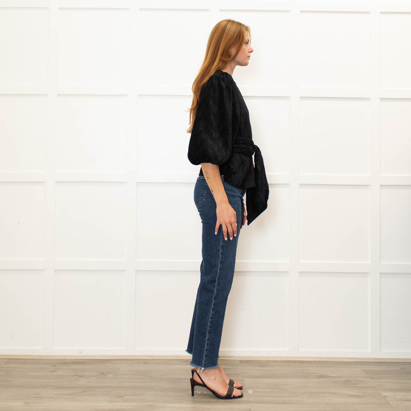 Ganni Black Pleated Puff Sleeve Belted Top