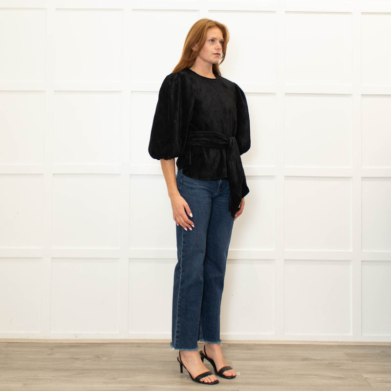 Ganni Black Pleated Puff Sleeve Belted Top
