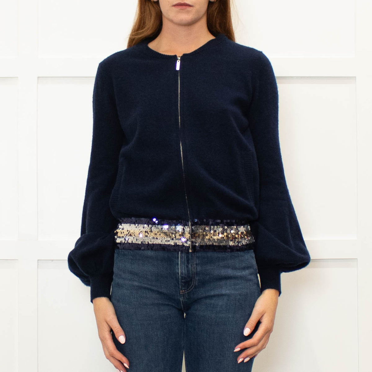 Wyse Navy Cashmere Blend Sequinned Trim Cardigan