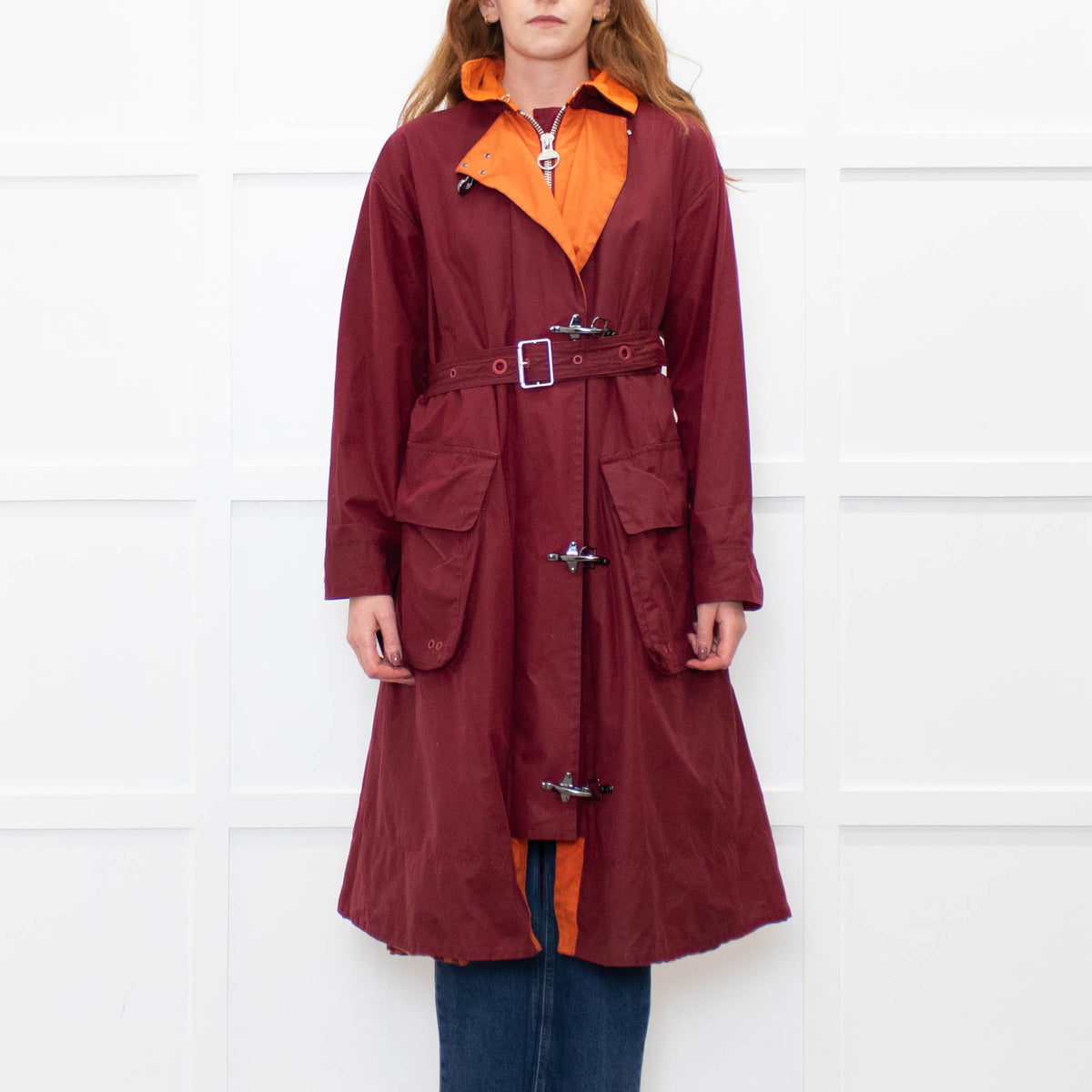 Barbour X Roksanda Burgundy and Orange Waxed Evengia Coat