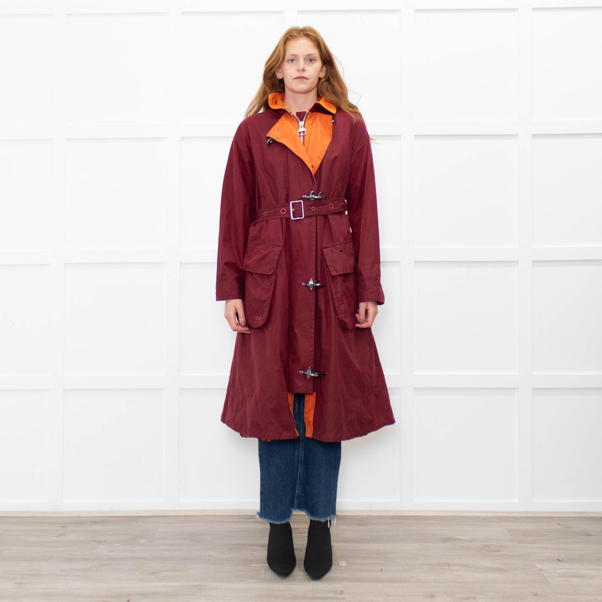 Barbour X Roksanda Burgundy and Orange Waxed Evengia Coat