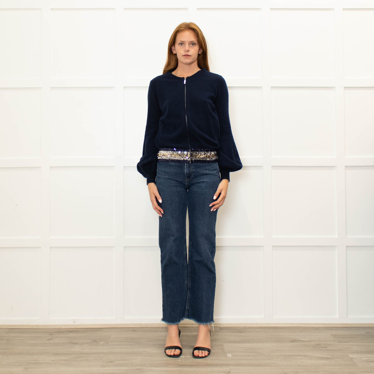 Wyse Navy Cashmere Blend Sequinned Trim Cardigan
