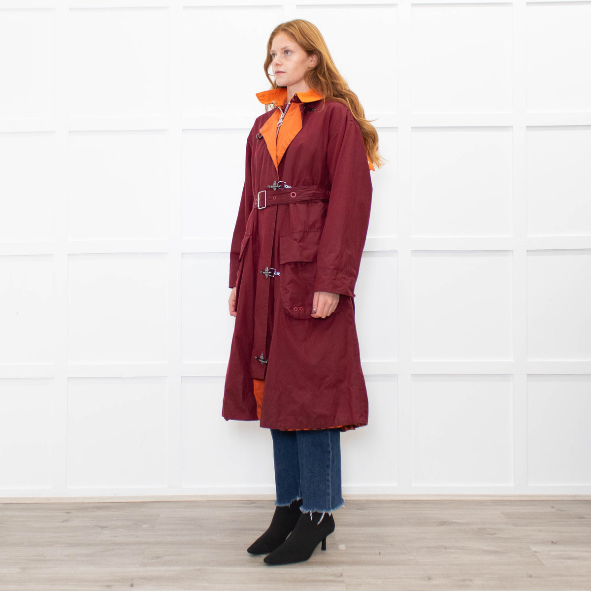 Barbour X Roksanda Burgundy and Orange Waxed Evengia Coat