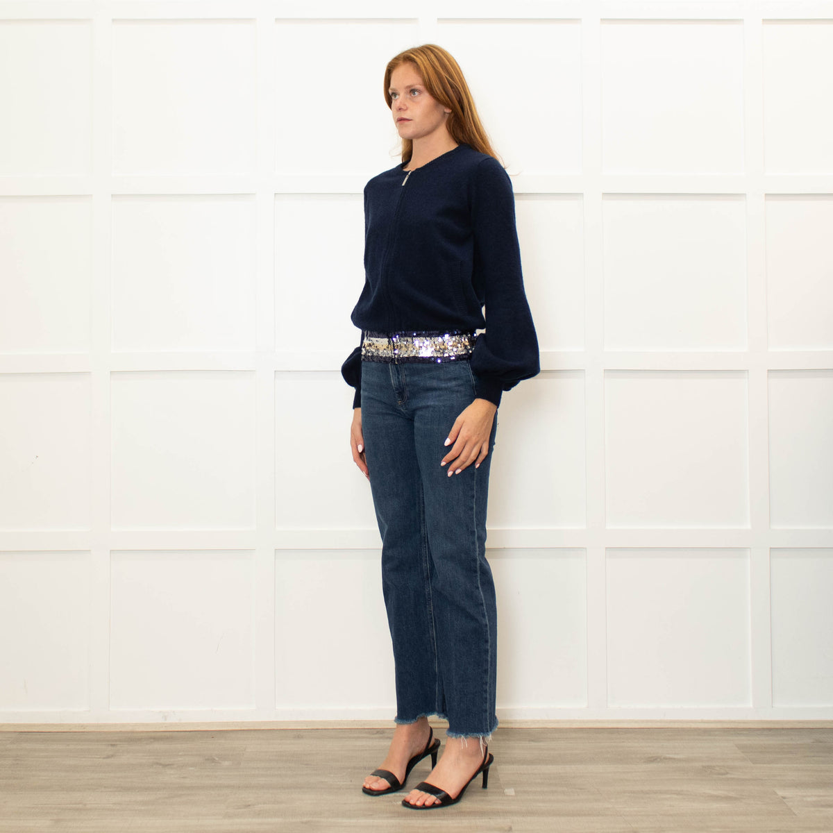 Wyse Navy Cashmere Blend Sequinned Trim Cardigan