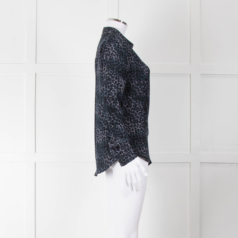 Iris Blue Black Animal Print Silk Shirt