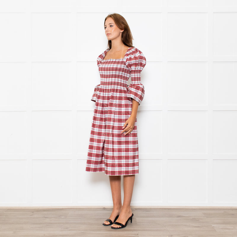 Molly Goddard White Red Green Check Smocked Cotton Blend Midi Dress