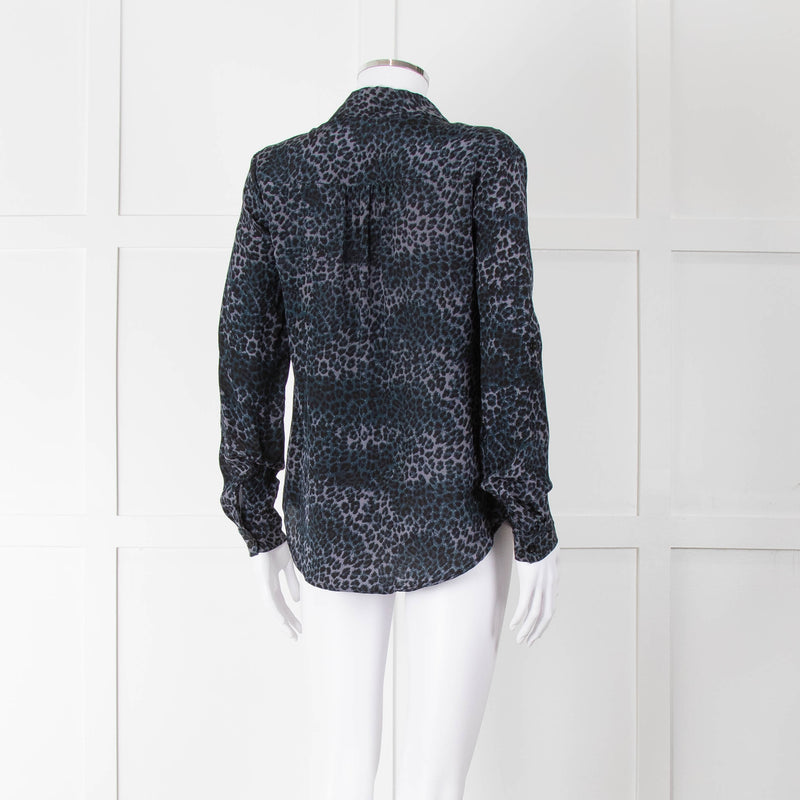 Iris Blue Black Animal Print Silk Shirt