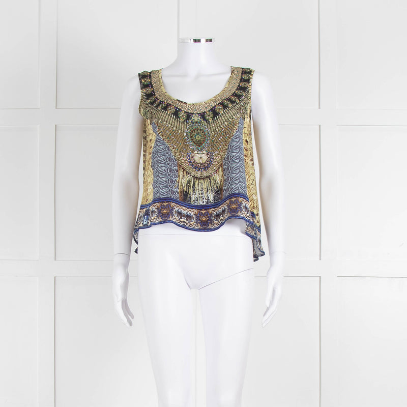 Camilla Yellow Blue Embellished Silk Sleeveless Top