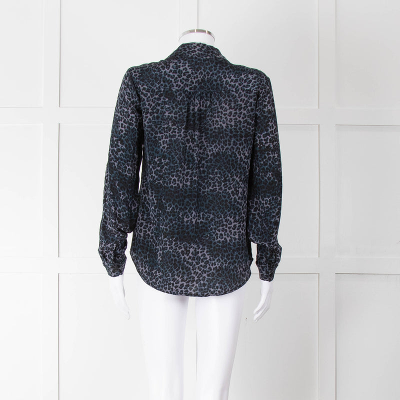 Iris Blue Black Animal Print Silk Shirt