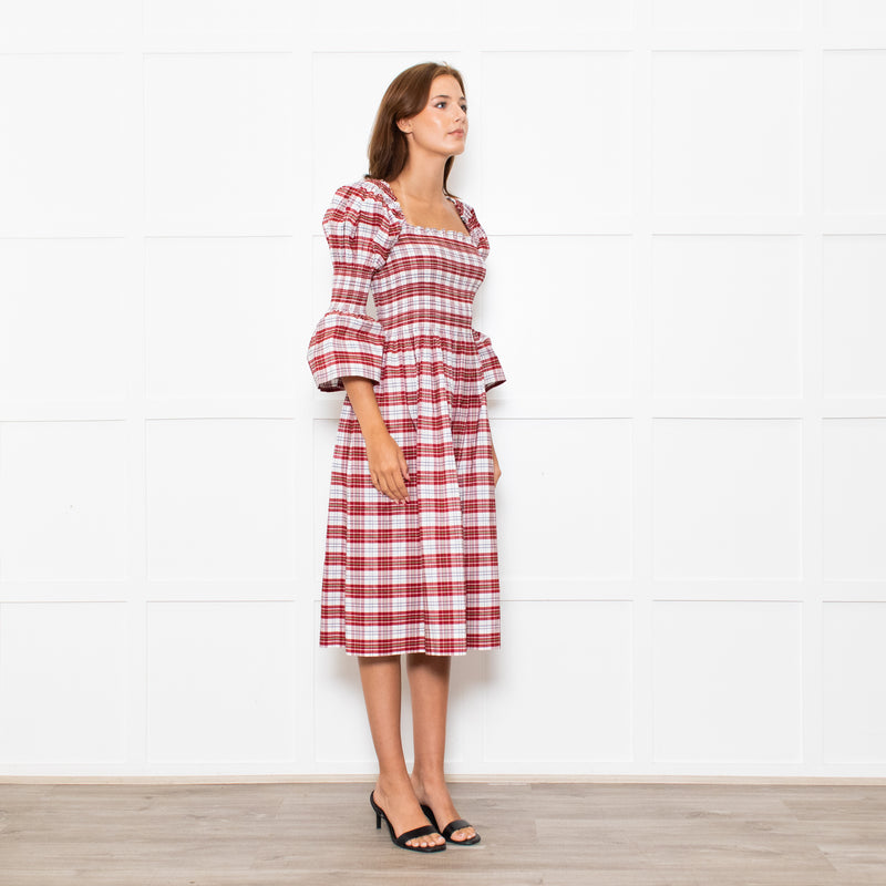 Molly Goddard White Red Green Check Smocked Cotton Blend Midi Dress