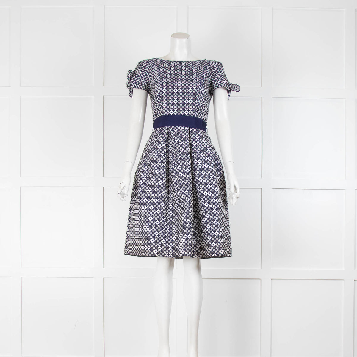 Carolina Herrera Navy White Bow Sleeve Detail Dress