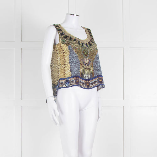 Camilla Yellow Blue Embellished Silk Sleeveless Top