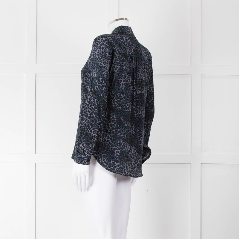 Iris Blue Black Animal Print Silk Shirt