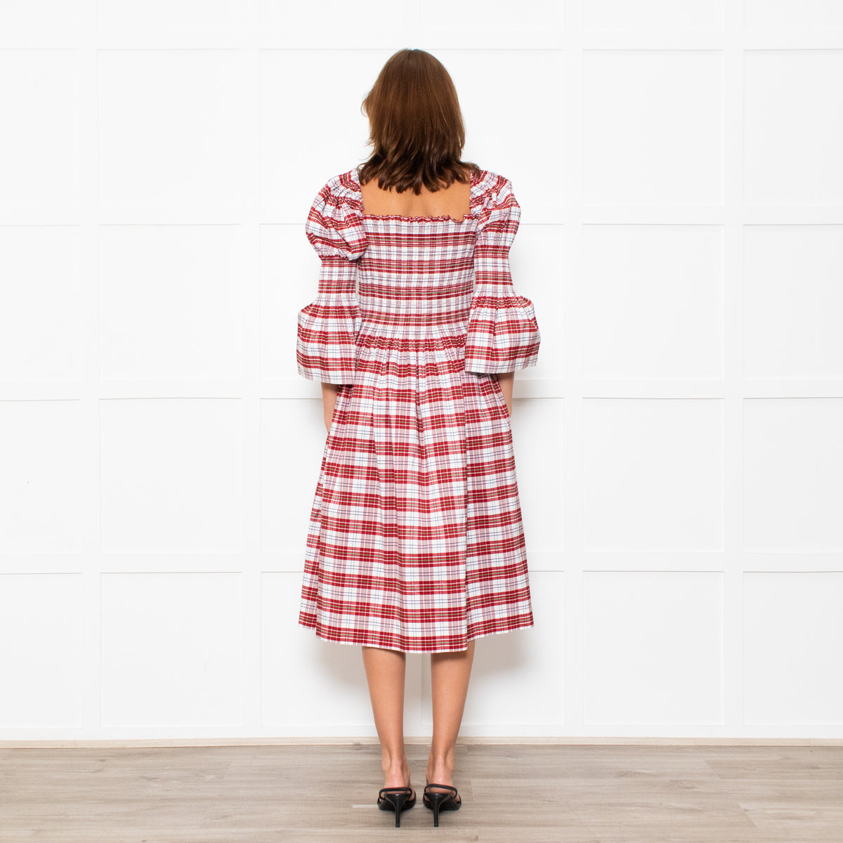 Molly Goddard White Red Green Check Smocked Cotton Blend Midi Dress
