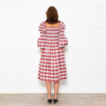 Molly Goddard White Red Green Check Smocked Cotton Blend Midi Dress