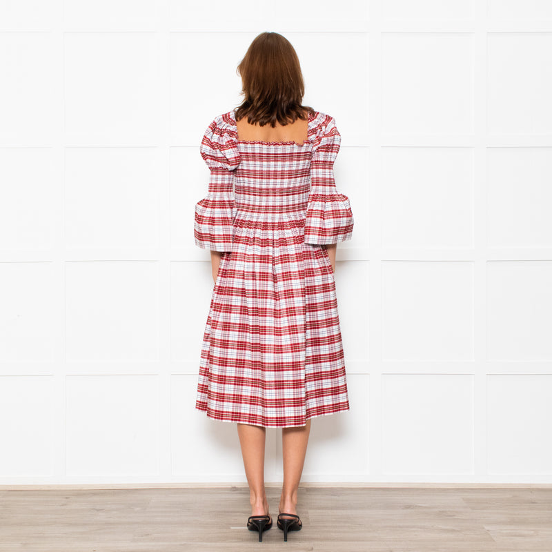 Molly Goddard White Red Green Check Smocked Cotton Blend Midi Dress