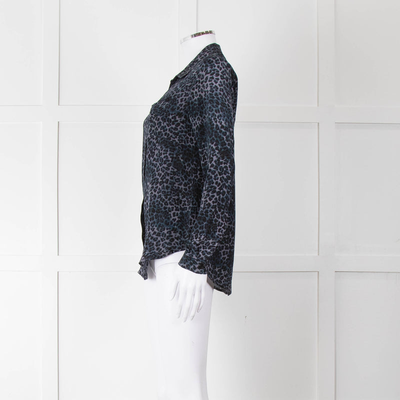 Iris Blue Black Animal Print Silk Shirt