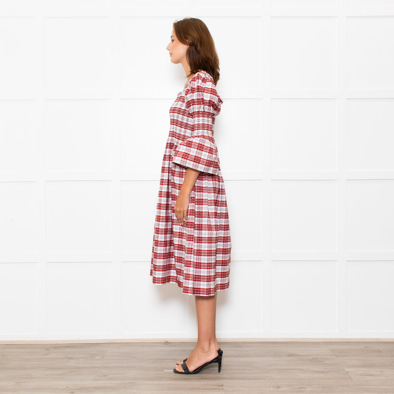 Molly Goddard White Red Green Check Smocked Cotton Blend Midi Dress