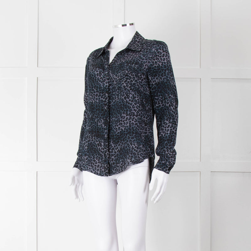 Iris Blue Black Animal Print Silk Shirt