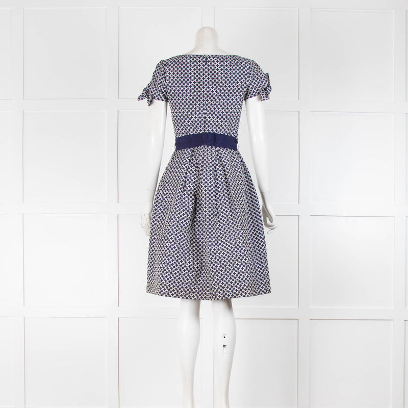 Carolina Herrera Navy White Bow Sleeve Detail Dress