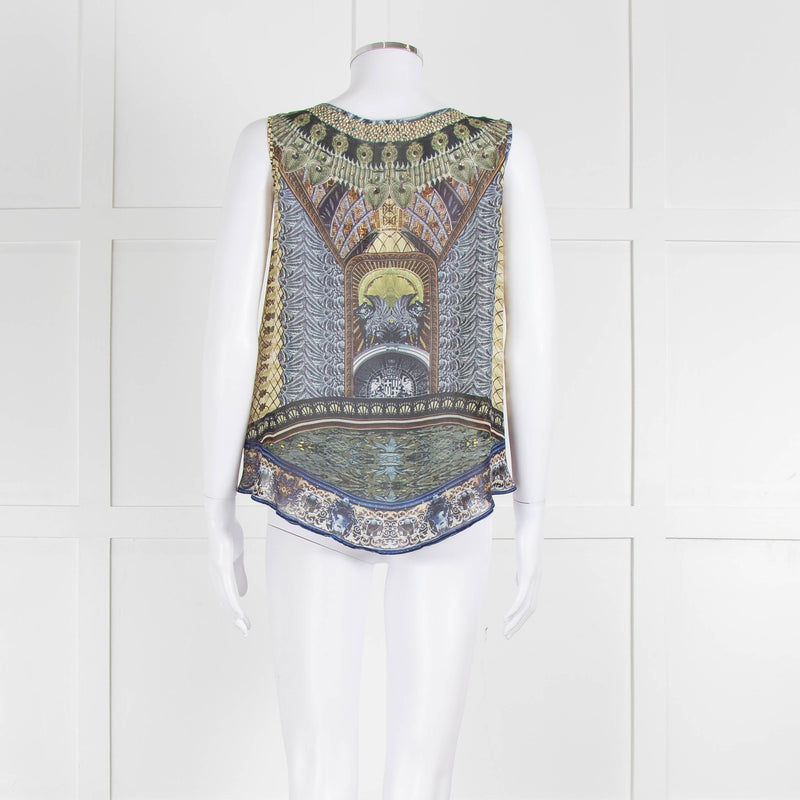 Camilla Yellow Blue Embellished Silk Sleeveless Top