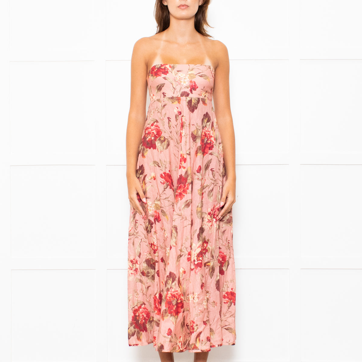 Zimmermann Peach Floral Linen Strapless Maxi Dress