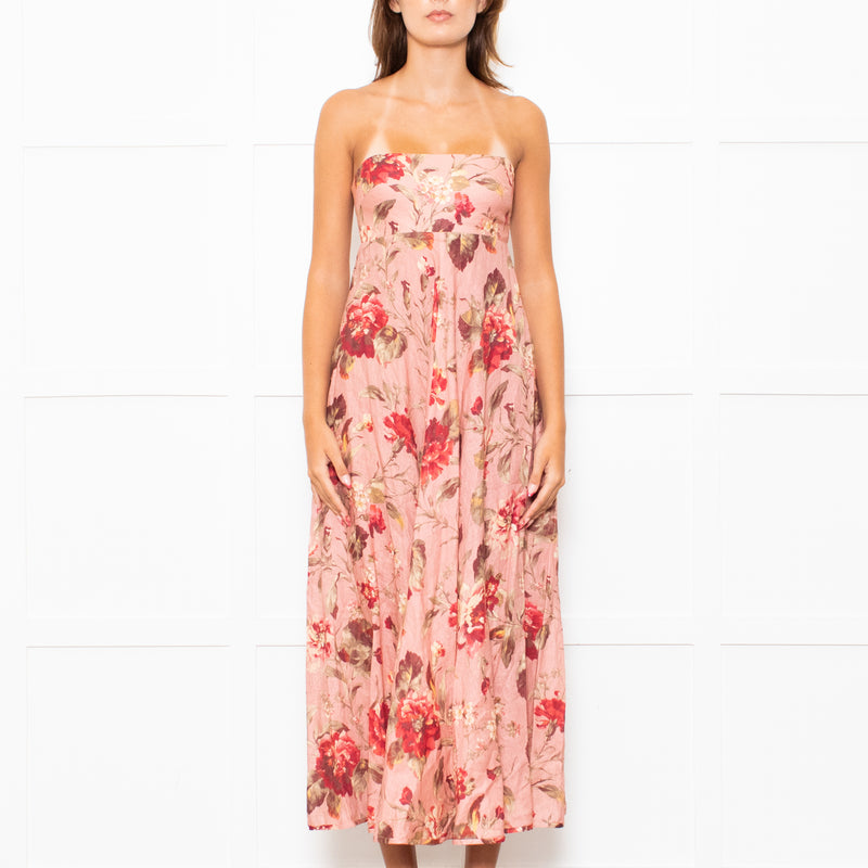 Zimmermann Peach Floral Linen Strapless Maxi Dress