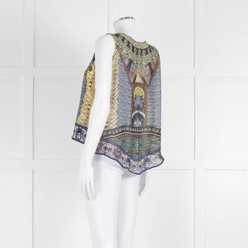 Camilla Yellow Blue Embellished Silk Sleeveless Top