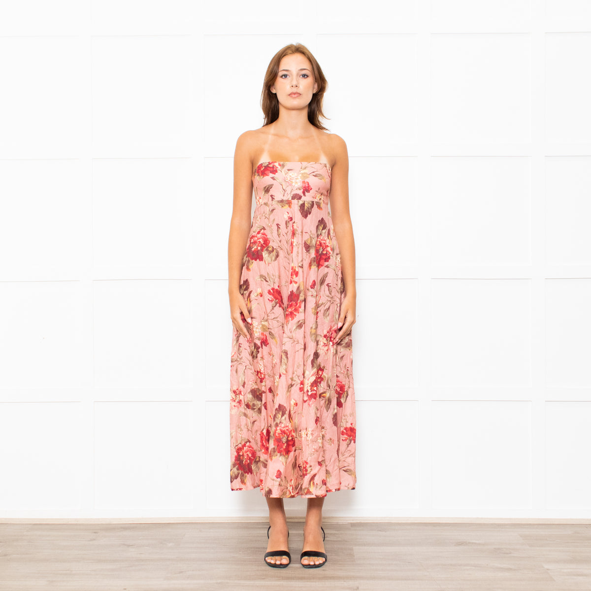 Zimmermann Peach Floral Linen Strapless Maxi Dress