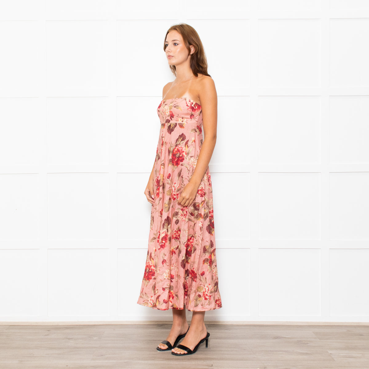 Zimmermann Peach Floral Linen Strapless Maxi Dress