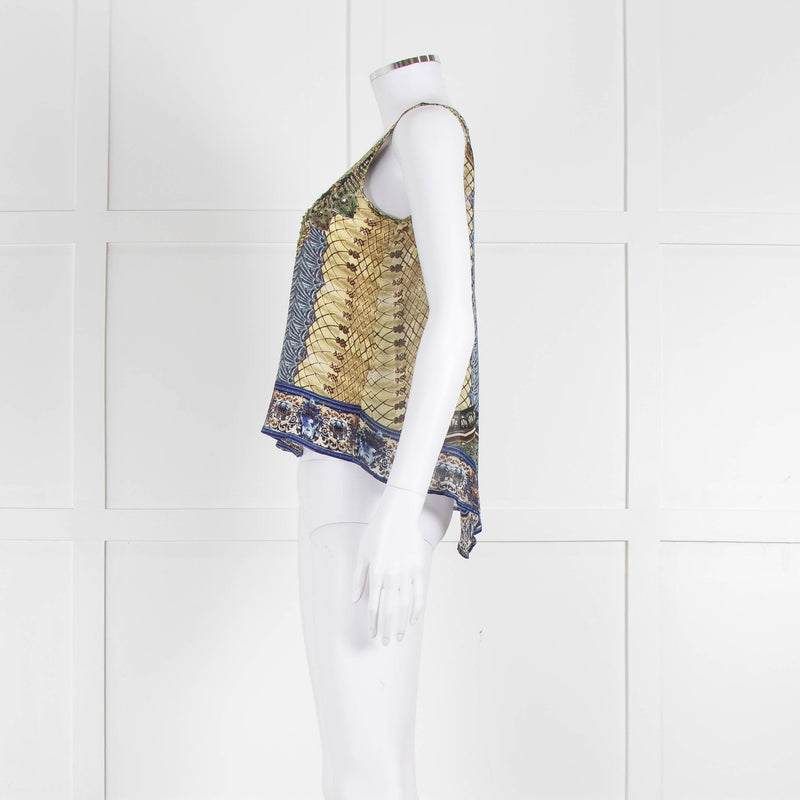 Camilla Yellow Blue Embellished Silk Sleeveless Top
