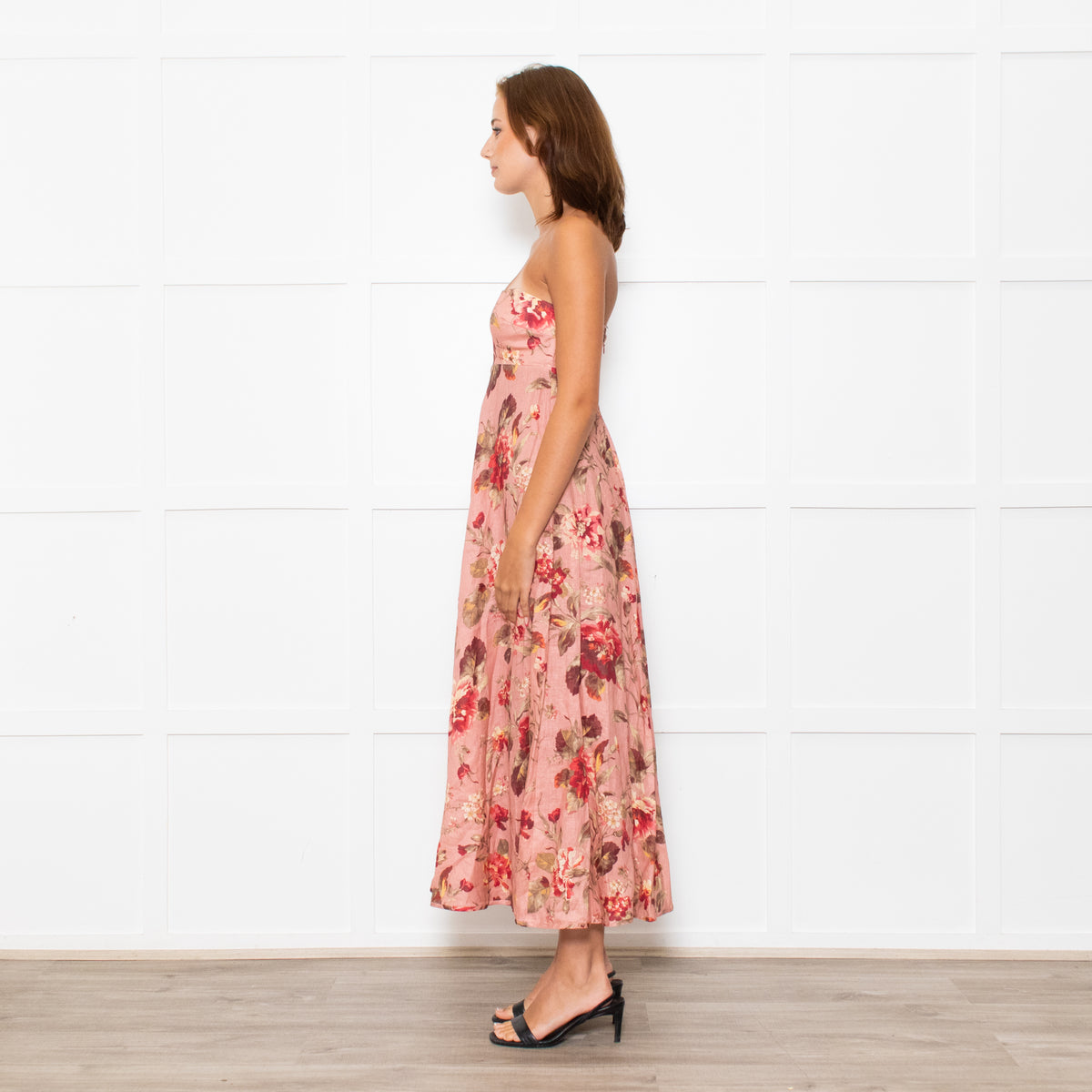 Zimmermann Peach Floral Linen Strapless Maxi Dress