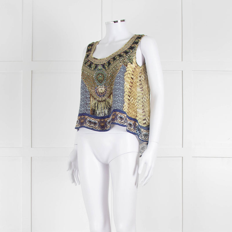 Camilla Yellow Blue Embellished Silk Sleeveless Top
