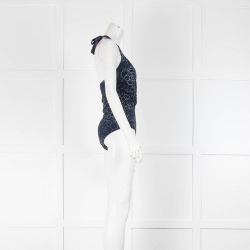Chanel Dark Navy White Camellia Print Swimsuit
