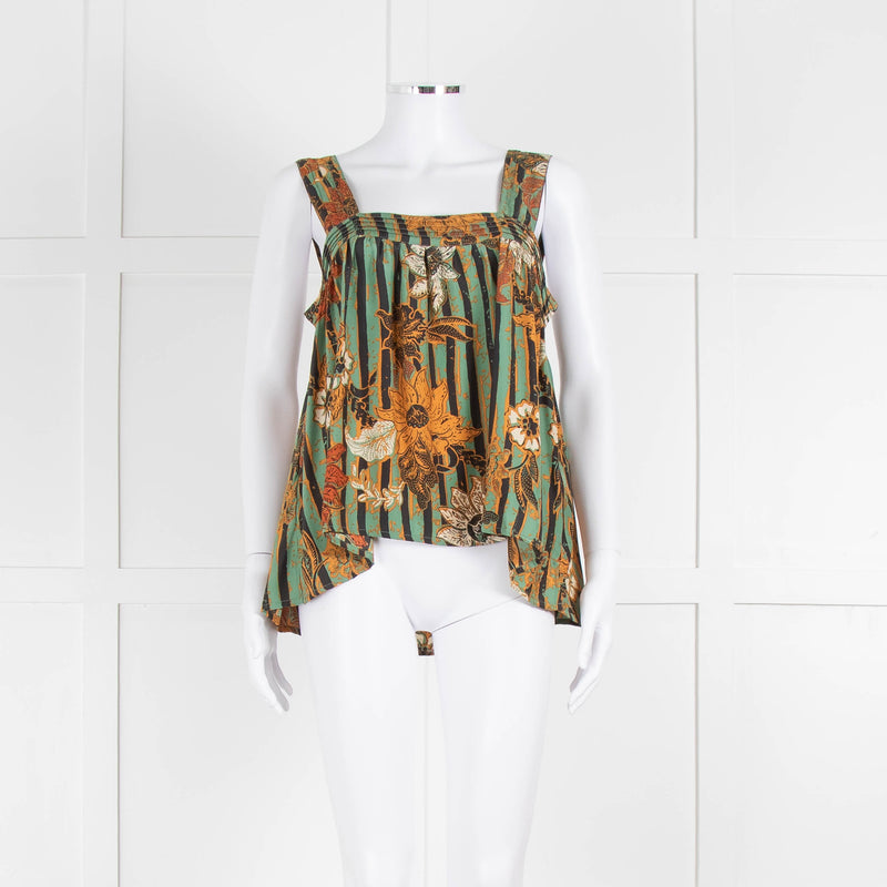 Natalie Martin Green Rust Floral Striped Silk Sleeveless Top