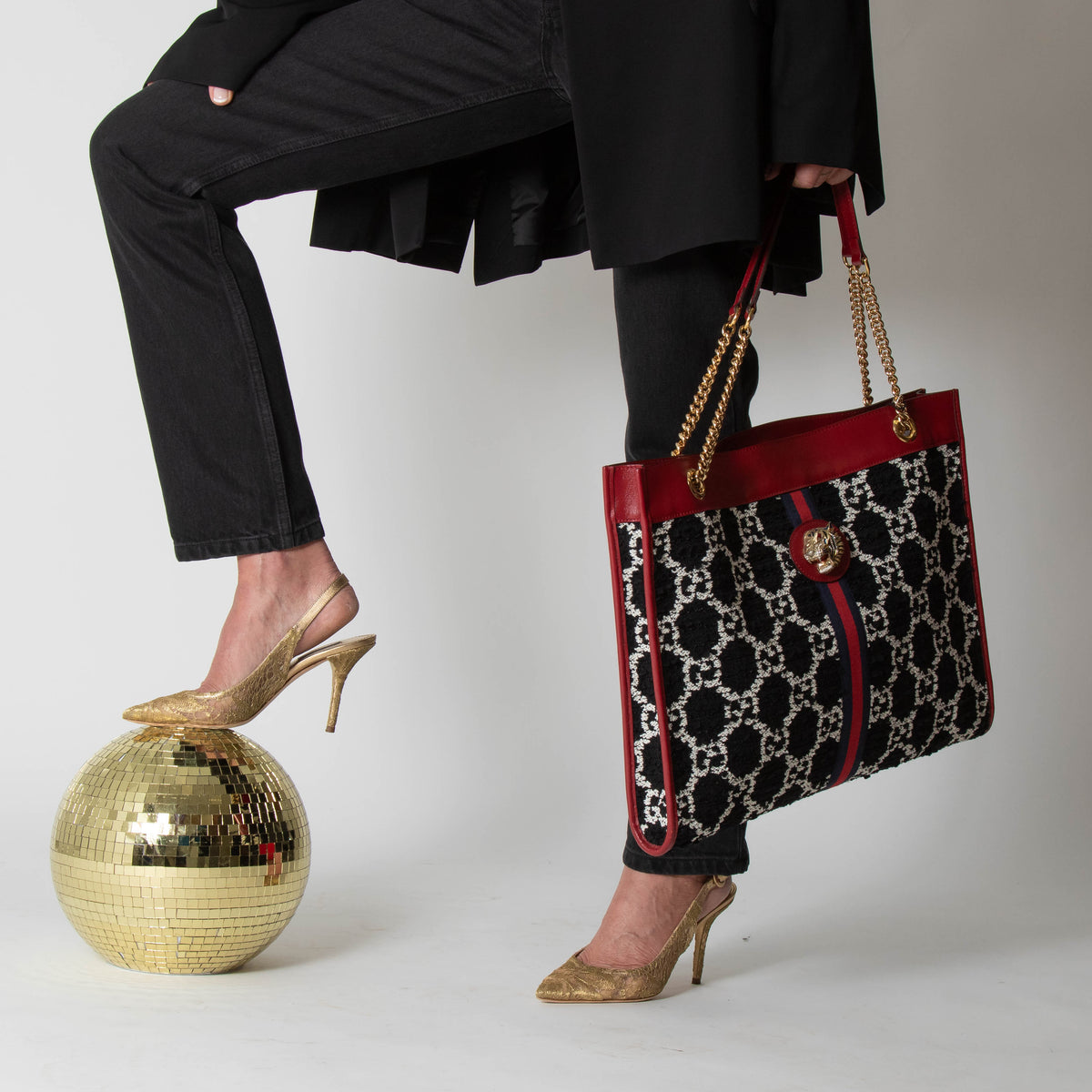 Gucci Black & White Boucle Red Leather Trim Rajah Bag