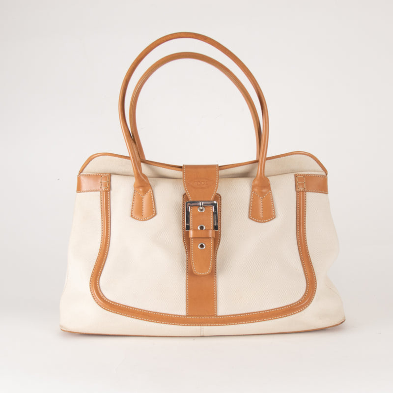 Tod's Canvas and Tan Leather Shoulder Bag