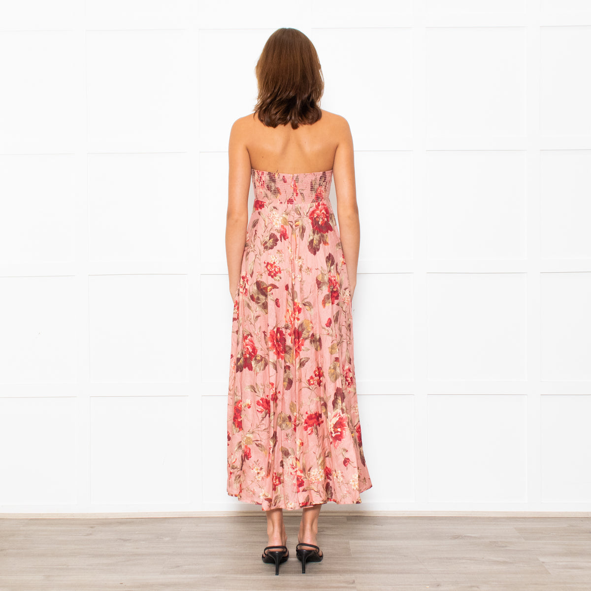Zimmermann Peach Floral Linen Strapless Maxi Dress