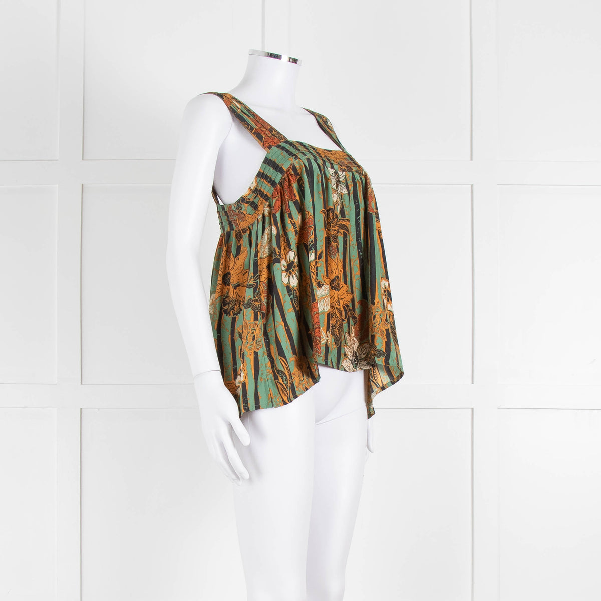 Natalie Martin Green Rust Floral Striped Silk Sleeveless Top