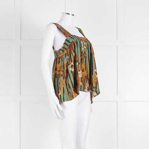 Natalie Martin Green Rust Floral Striped Silk Sleeveless Top