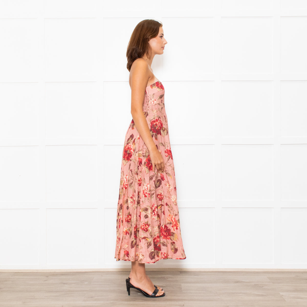Zimmermann Peach Floral Linen Strapless Maxi Dress