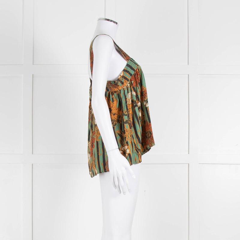Natalie Martin Green Rust Floral Striped Silk Sleeveless Top