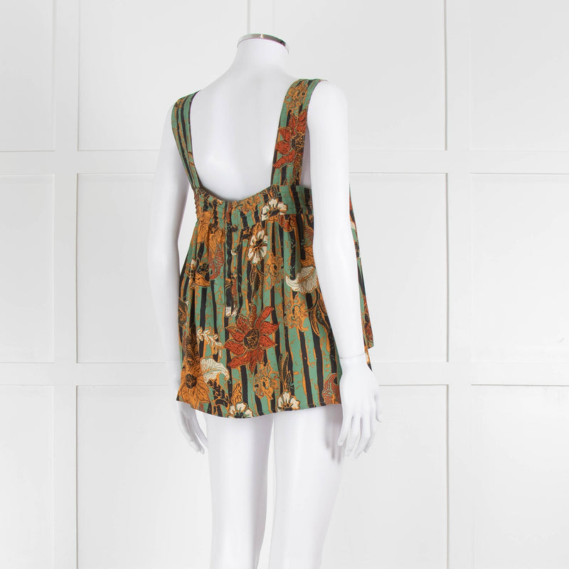 Natalie Martin Green Rust Floral Striped Silk Sleeveless Top