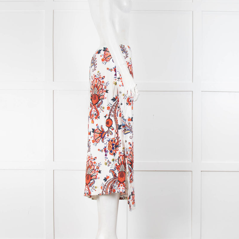 Paco Rabanne White Red Floral Side Press Stud Midi Skirt