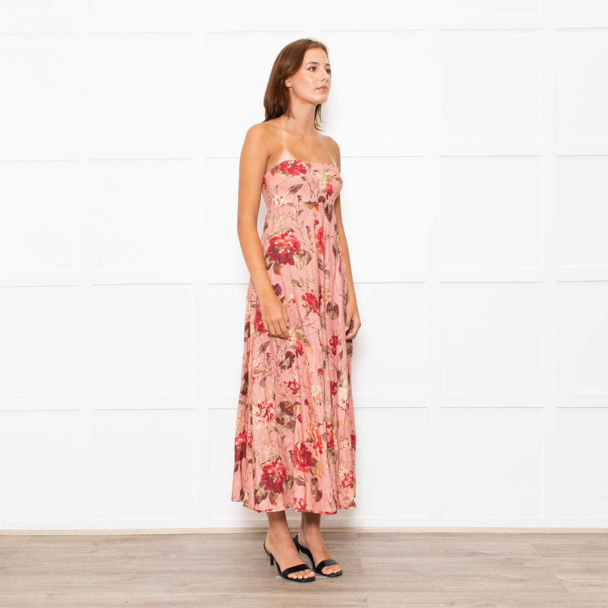 Zimmermann Peach Floral Linen Strapless Maxi Dress