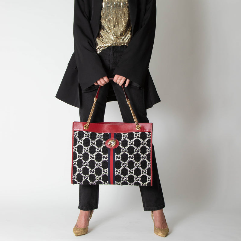 Gucci Black & White Boucle Wool Red Leather Trim Rajah Bag