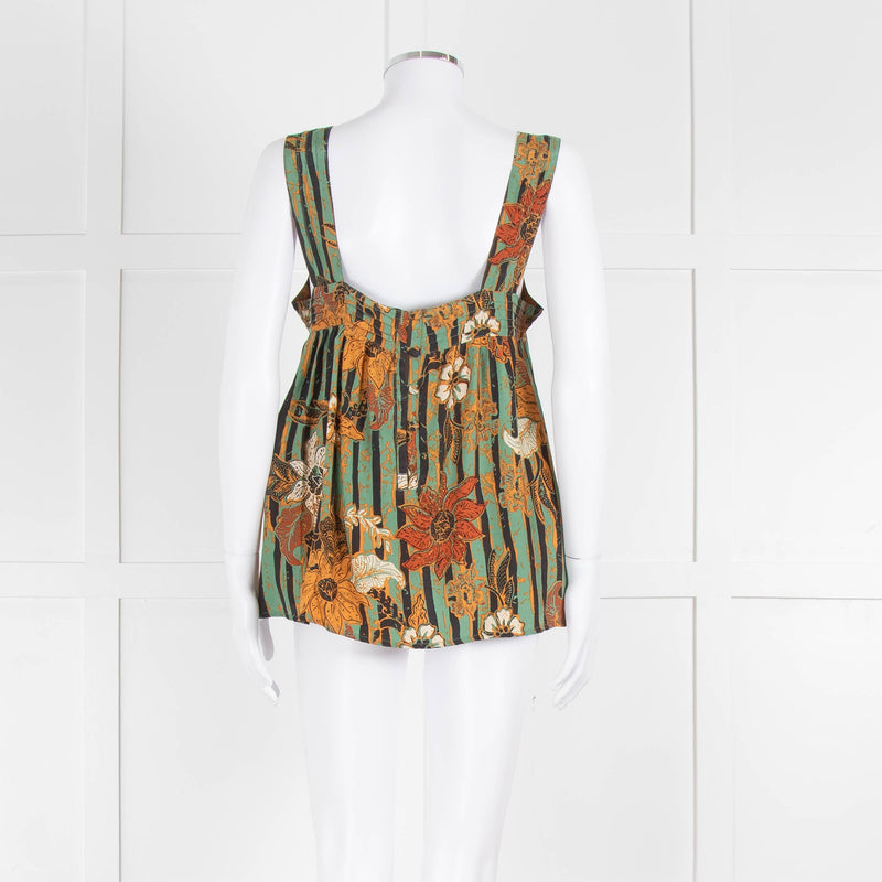 Natalie Martin Green Rust Floral Striped Silk Sleeveless Top