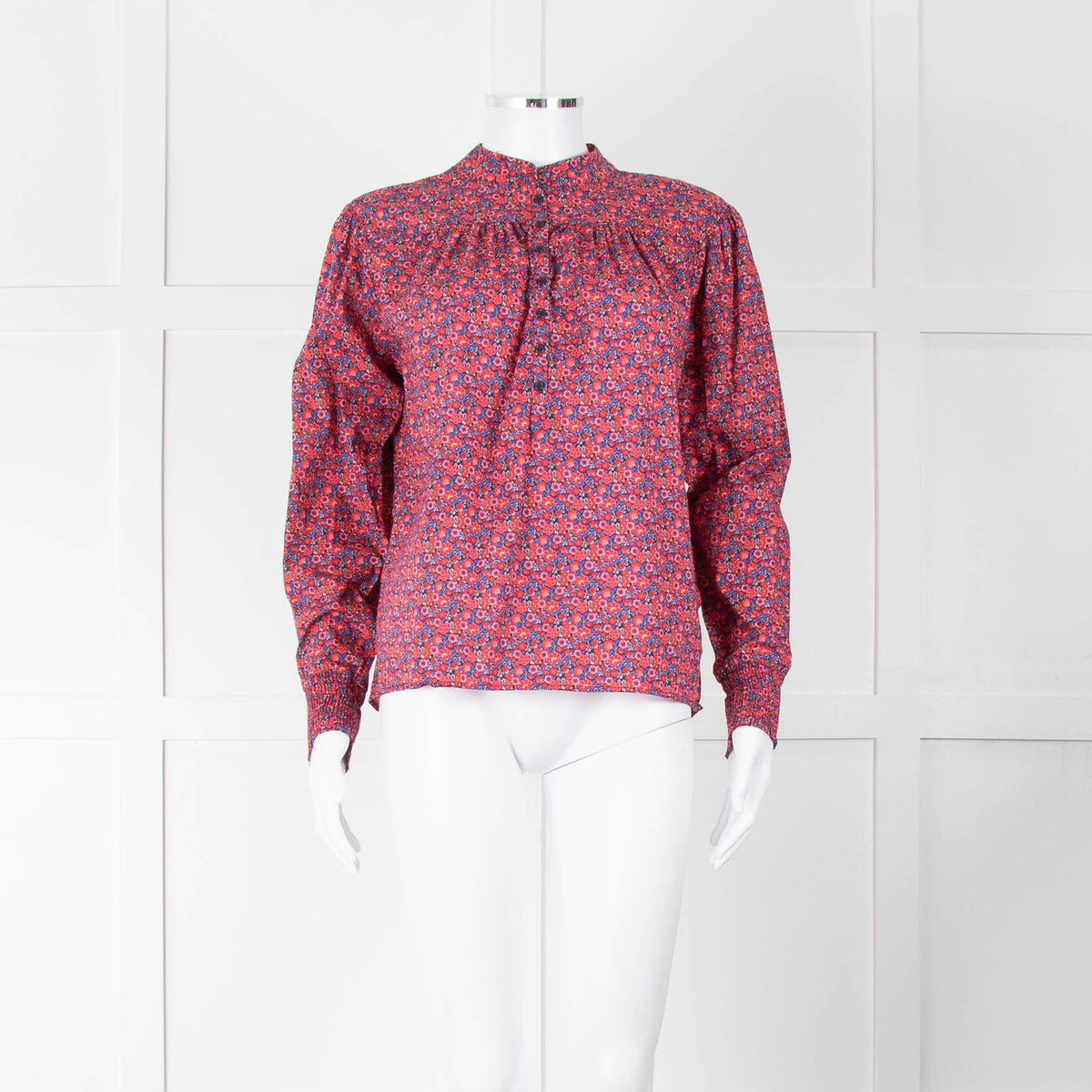 BA & SH Red Blue Cotton Floral Button Front Long Sleeve Top