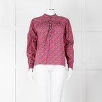 BA & SH Red Blue Cotton Floral Button Front Long Sleeve Top